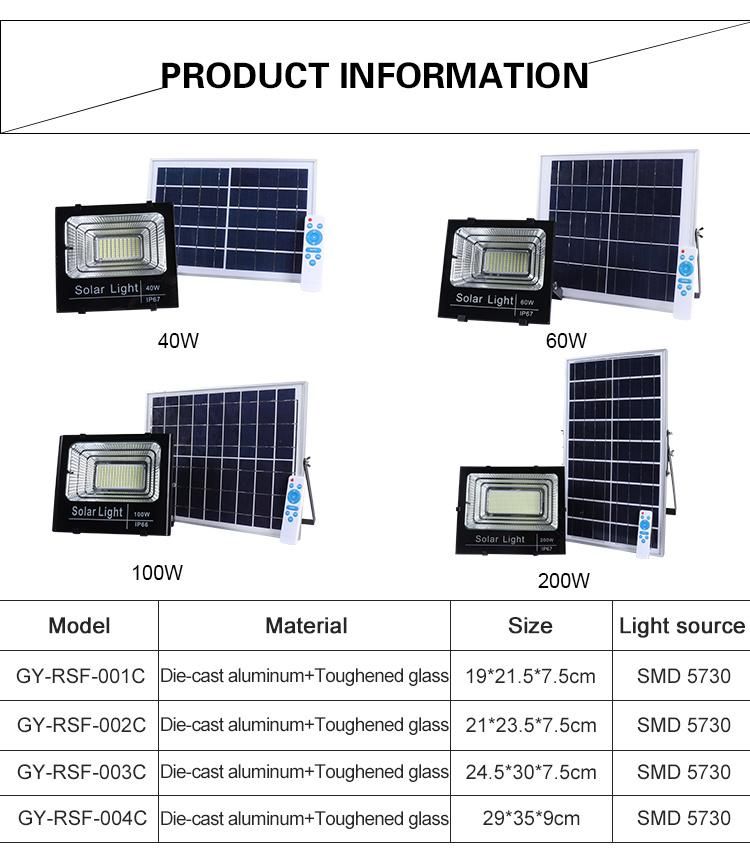 Hot Sell Outdoor Aluminum Energy Saving Reflector 60W 100W 200W 300W Solar LED Floodlight