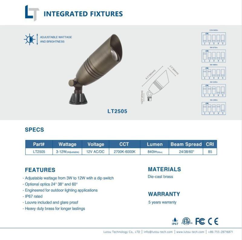 Lt2505 3-12W (Adjustable) 24/38/60deg Low Voltage LED Landscape Integrated Spotlight for Highlight Trees, Shrubs, and Buildings