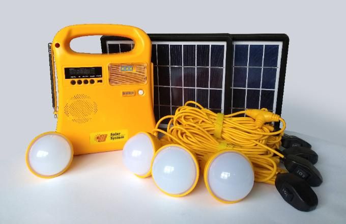 2021 Shandong Qingdao New Design Bluetooth Portable Solar Lighting Energy Kits with 4PC LED Bulbs/Torch Light/Reading Light/USB Charger for Ethiopia