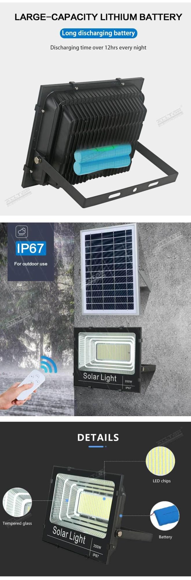 Alltop High Lumen Dimmable Outdoor Landscape 25W 40W 60W 100W 200W 300W IP67 Waterproof Solar Floodlight