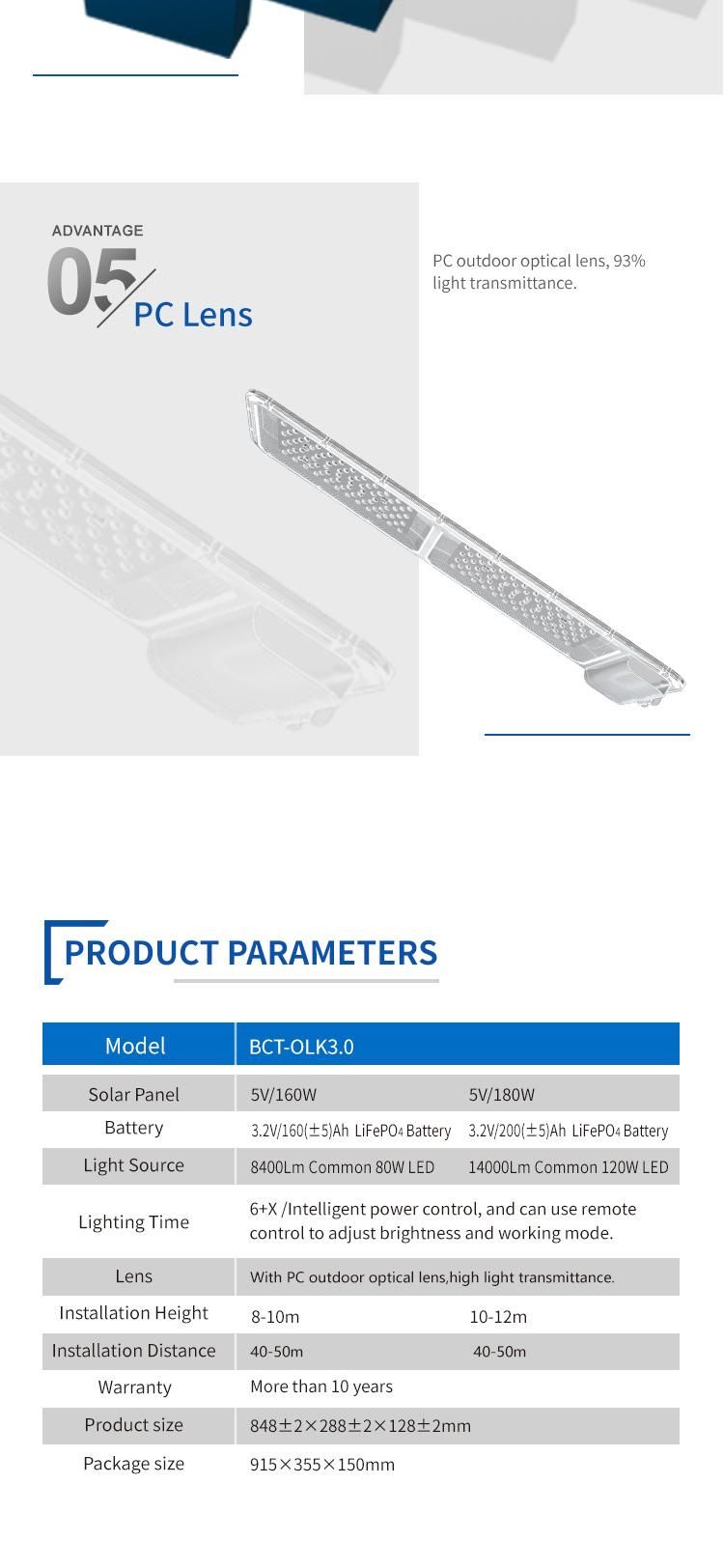 180W Solar Panels and 200ah LiFePO4 Battery 13600lm 120W LED Solar Street Light