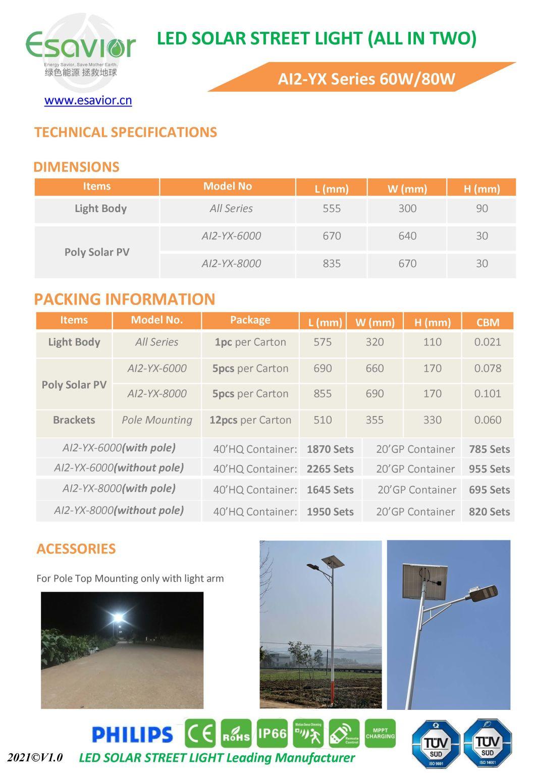 60W All in Two Solar Street/ Solar LED/ Solar Street/LED Solar Street/Integrated Solar Street/All in One Solar Street Lamp/Light 60W/80W