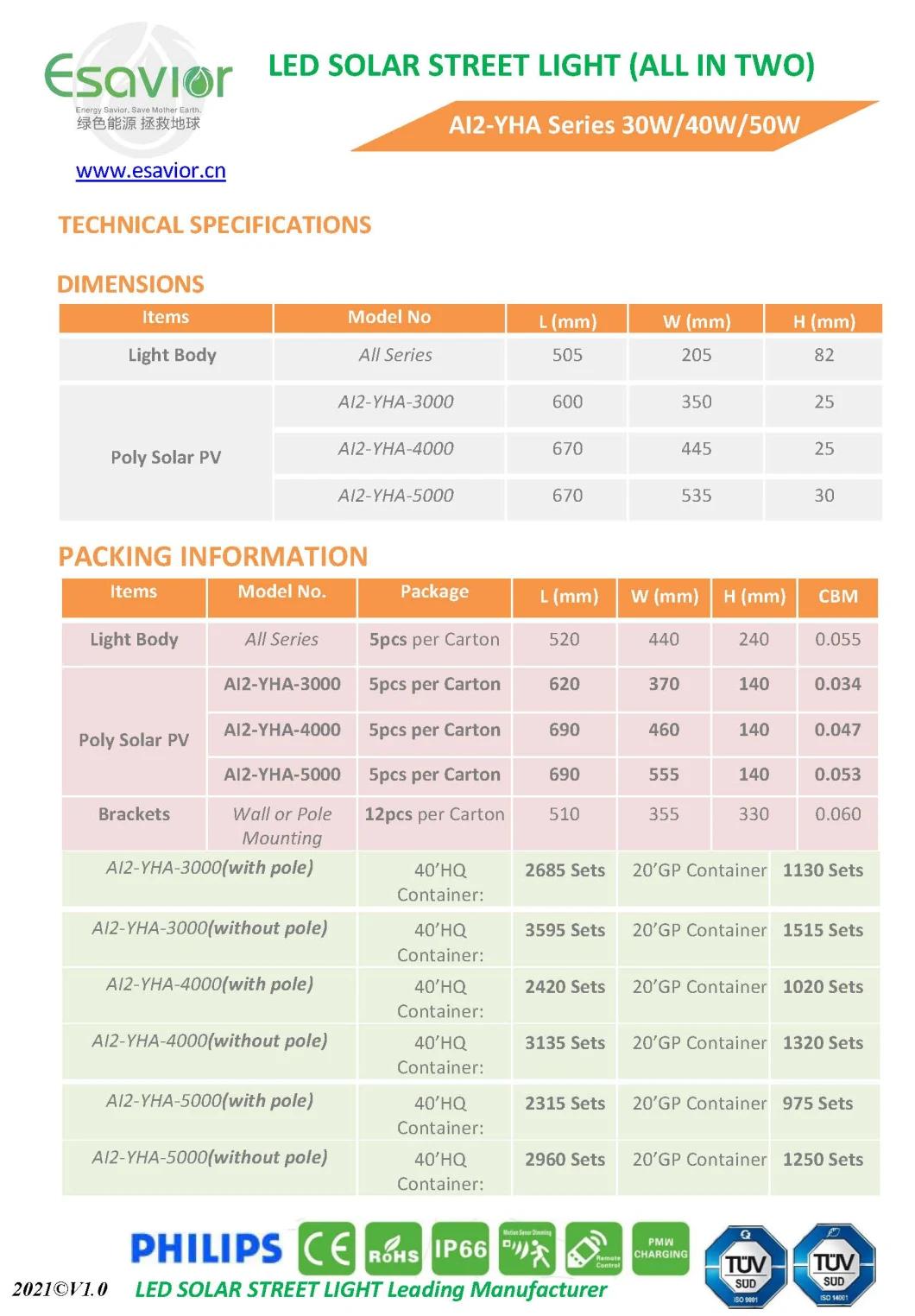 50W All in Two Solar Street/ Solar LED/ Solar Street/LED Solar Street/Integrated Solar Street/All in One Solar Street Lamp/Light 30W/40W/50W