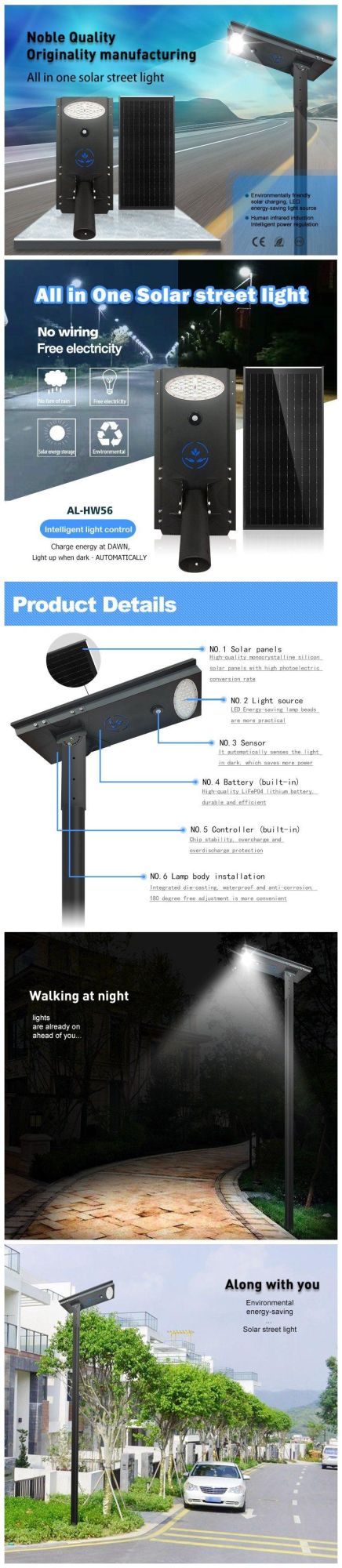 Long Lifespan Newest Generation CE/IEC/RoHS Certified OEM 5050 LED Chip Outdoor Solar Powered Street Light with Patent Design