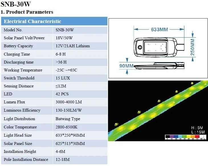 30W Smart APP Control Split Type Solar LED Road Lighting (SNB-30W)