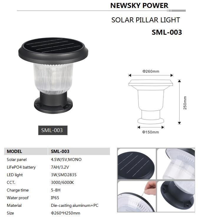 Factory Price Die-Casting Aluminum High Lumen Solar Pillar Light for Path Garden Household