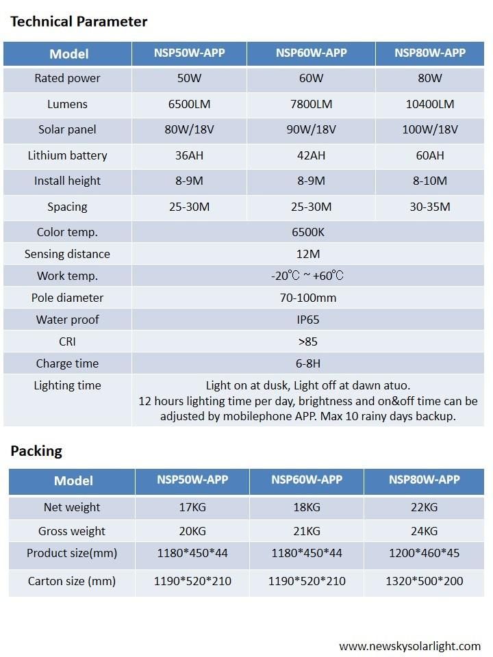 Government Project 50W 6500lm APP Dimming LED Outdoor LED Lighting Solar Power Street Light