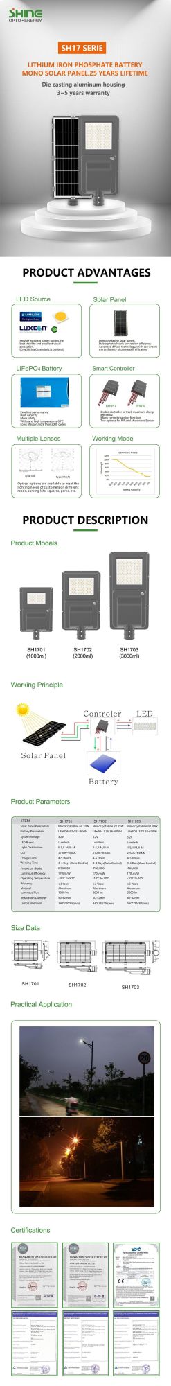 Integrate Solar Street Light 10W 15W 20W Mono Panel LiFePO4 Battery LED Street Light