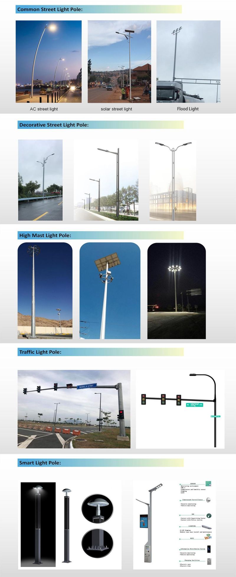 Octagonal Conical Hot DIP Galvanized Q235 3m 5m 6m 7m 8m 9m 10m 12m Light Poles Powder Coating 10 Years Warranty