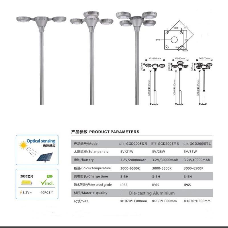 LED Solar Park Light for Gardens and Plaza High Power Outdoor IP65 Waterproof All in One LED Solar Garden Light