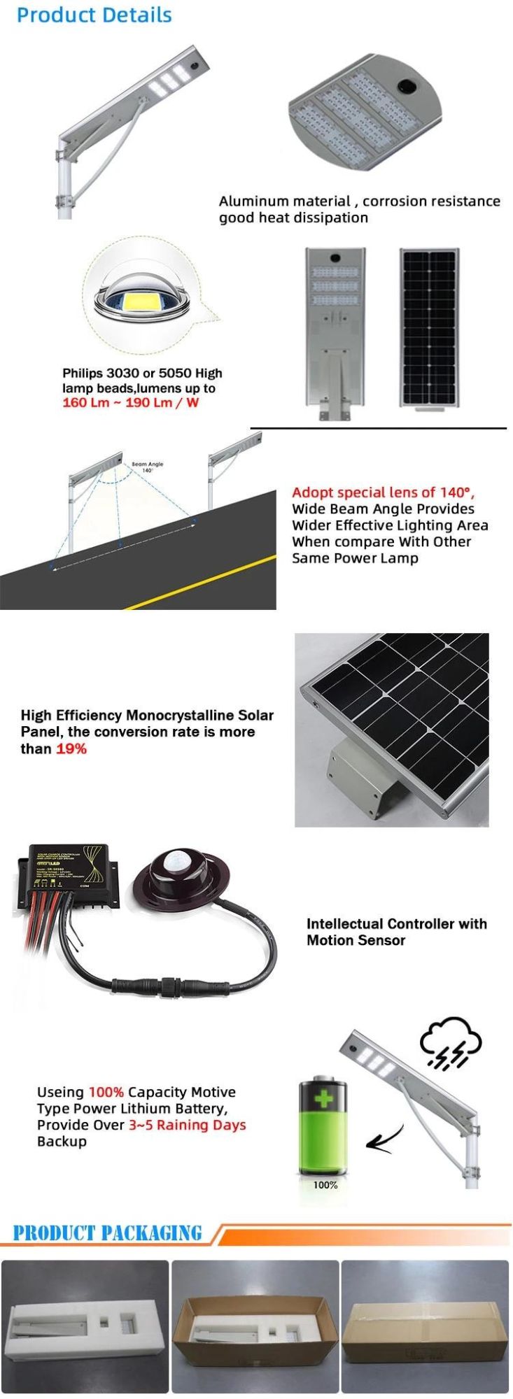 Modern Outdoor All in One IP65 Waterproof LED Lights 100W Integrated Solar Lamp Street Light