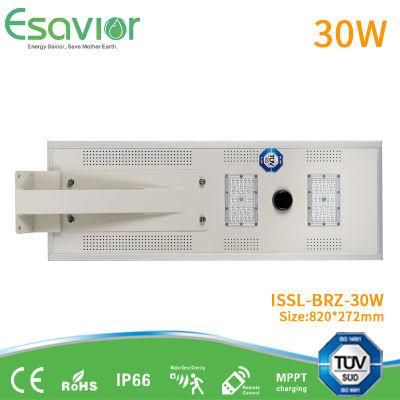 3 Years Warranty Esavior 30W 181lpw All in One Integrated LED Solar Powered Street/Garden Light for 5~6m Poles CE/RoHS/IP67/Ik10