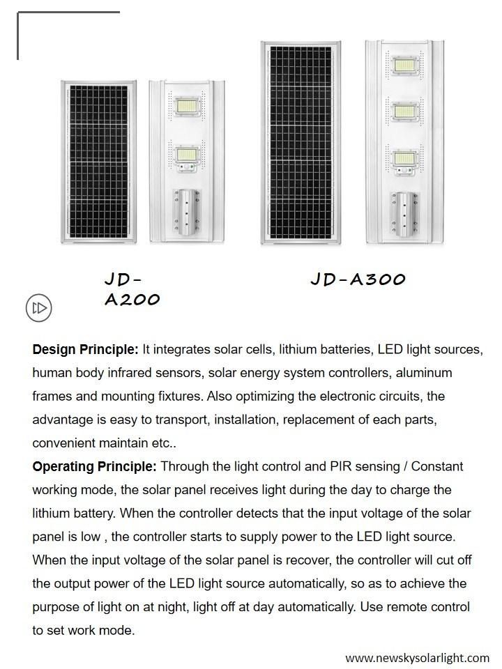 Jd Aluminum Materials Motion Sensor and Light Sensor Outdoor Waterproof IP65 High Brightness LED Chips 300W All in One Solar Street Light