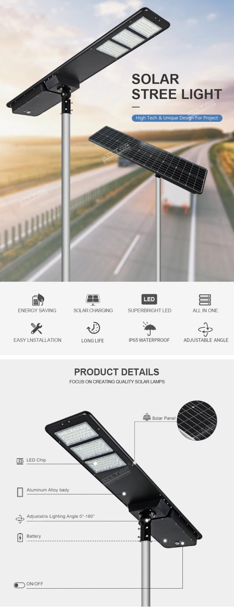 Alltop Waterproof High Lumen Bridgelux Aluminum IP65 All in One Solar LED Street Light