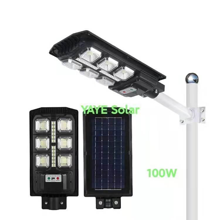 Yaye Hottest Sell 100W All in One Solar LED Road Street Wall Garden Lighting with Lithium Iron Phosphate Battery/Remote Controller/ Radar Sensor/1000PCS Stock