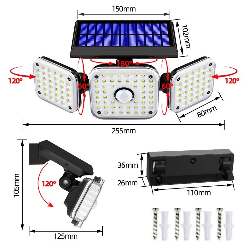 Outdoor Solar Luminaire Integrated ABS 3 Heads LED Solar Wall Light for Public Area Street Road Garden Park