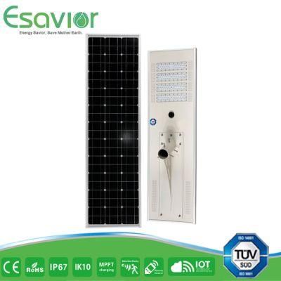 TUV Certified 30W-200W Series LED All in One Solar Street/Garden/Road Light for Poles Height Fitting 6m~12m with IP67 Ik10 CE RoHS Dialux