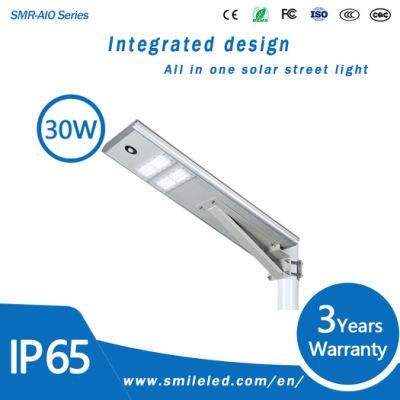 High Lumen Motion Sensor IP65 Waterproof Lamp Outdoor Solar Light Smart All in One Integrated 30W LED Solar Street Light