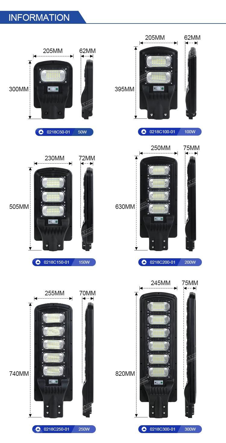 Alltop Outdoor ABS Waterproof IP65 50 100 150 200 250 300 Watt Garden All in One Solar LED Street Light