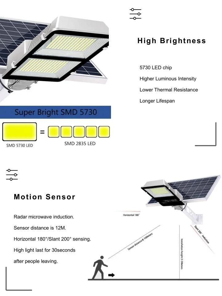 Outdoor IP66 Waterproof 4 Work Modes Motion Sensor Solar Street Light for Road Street Courtyard