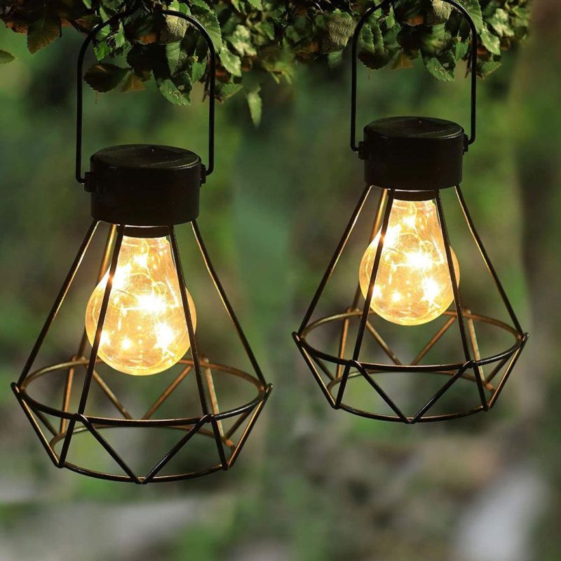 Magic 2 Pack Hanging Solar Lights, Outdoor Solar Powered Tabletop Lanterns with 15 LED Copper Lights bulb, Waterproof Solar Lantern with Handle for Yard, Lawn