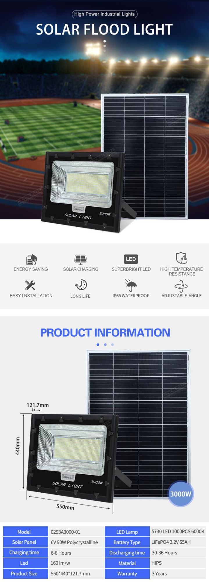 Alltop High Efficient Adjustable Waterproof IP65 SMD 3000watt Outdoor Solar Panel LED Flood Lights