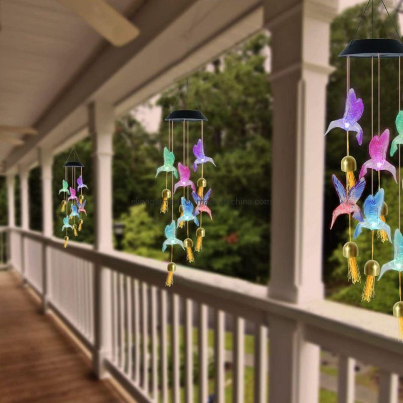 LED Solar Light Hummingbird Wind Chime Changing Color Waterproof Six Hummingbird Wind Chimes for Home Party Outdoor Night Garden Decoration