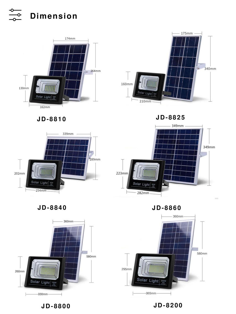 Outdoor Security LED Lamp IP65 Waterproof Jd Model 100W Solar Flood Light with Remote Control