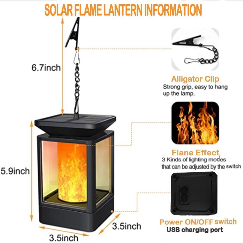 99LEDs Hanging Solar Flame Lantern with Optional USB Charging, Camping Solar Table Light with 3 Lighting Modes, Waterproof Solar Outdoor Lights for Garden Patio