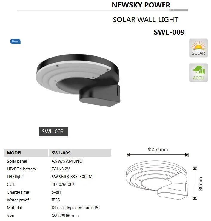 Bright External Green Energy System Outdoor 5W LED Solar Wall Light with LED Light