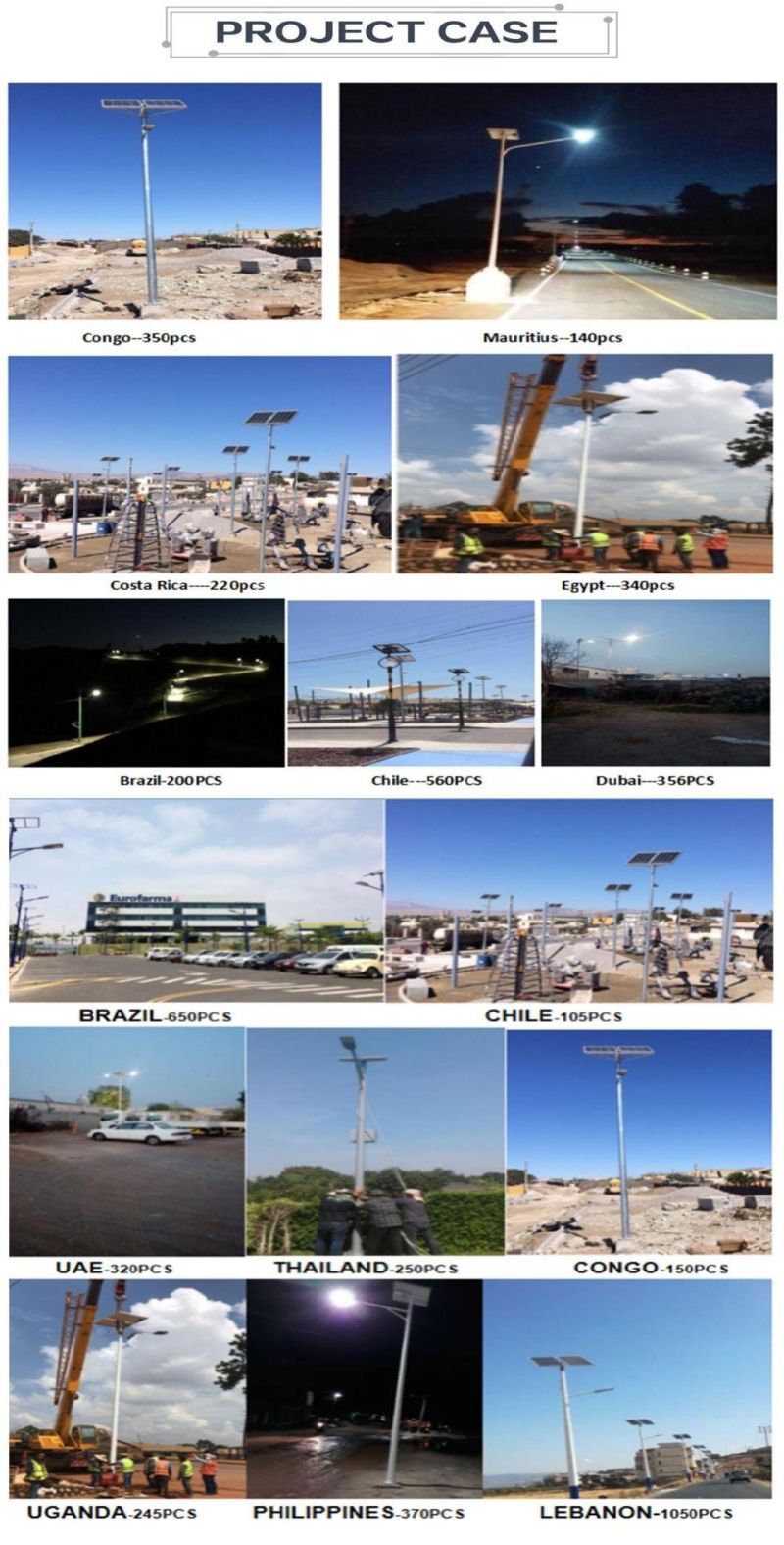 Kenya Civil Lighting Project 60~100W 3030 Chip 10h 12h Lighting Solar Outdoor Street Light with Poles