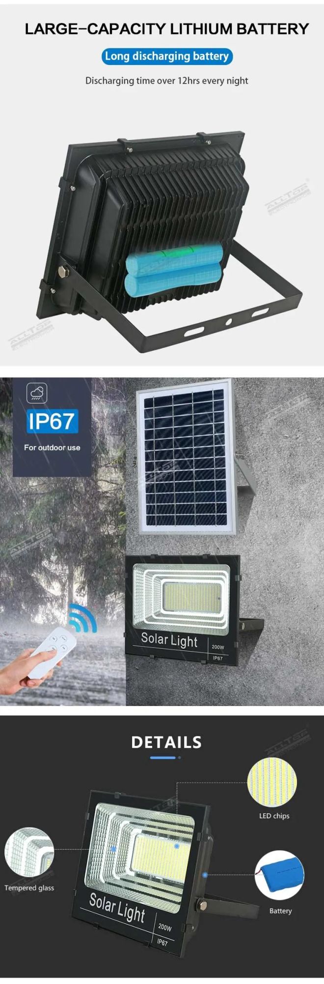 Alltop High Quality 25W 40W 60W 100W 200W 300W Garden Stadium Waterproof IP67 Solar Outdoor LED Floodlight