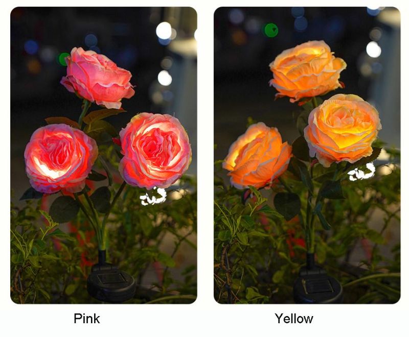 3 - Head Rose Lamp Lawn Simulation Flower Ground Insert Solar Lamp