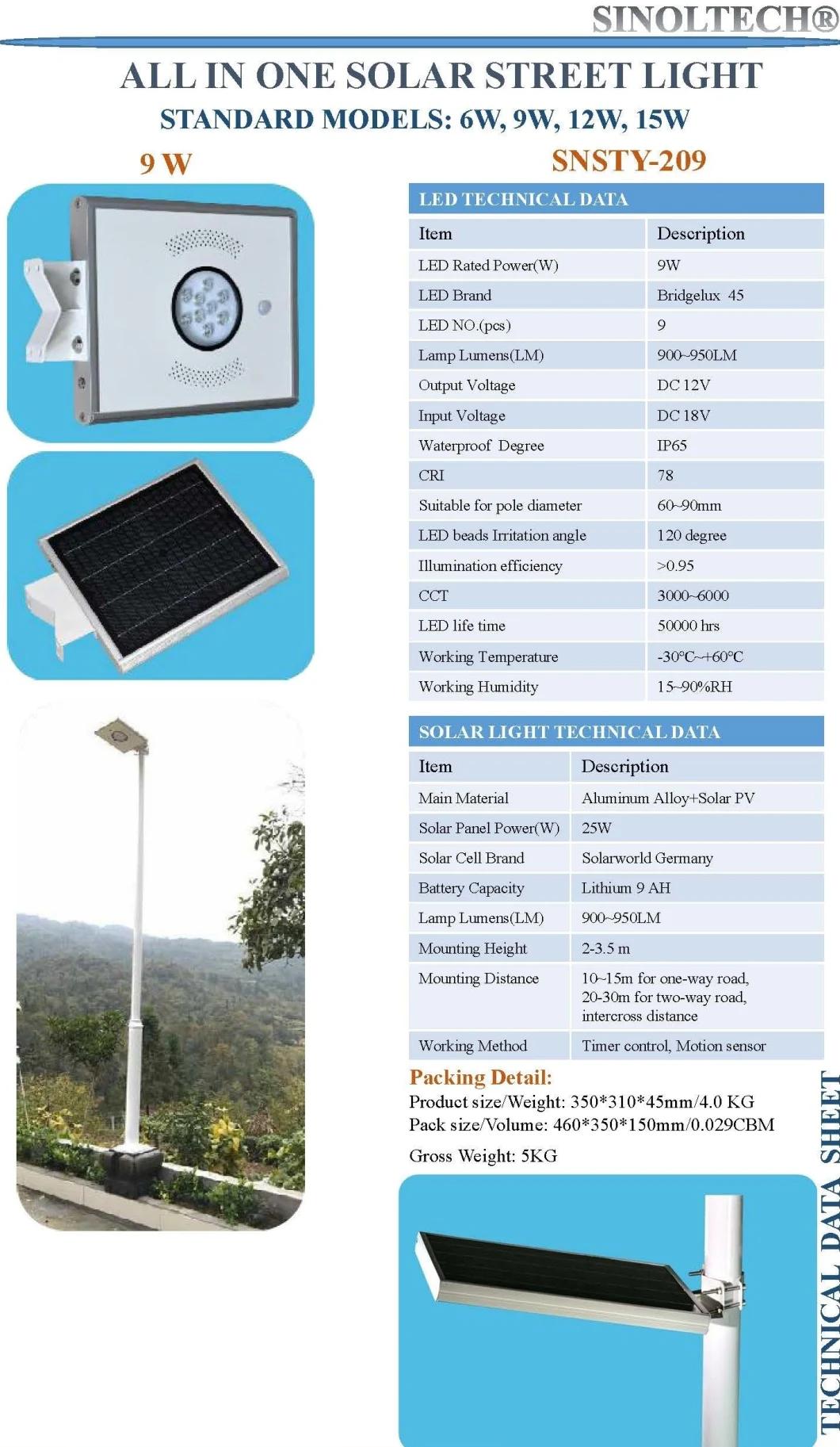 IP65 PIR Motion Sensor 9W LED All in One Solar Street Light (SNSTY-209)