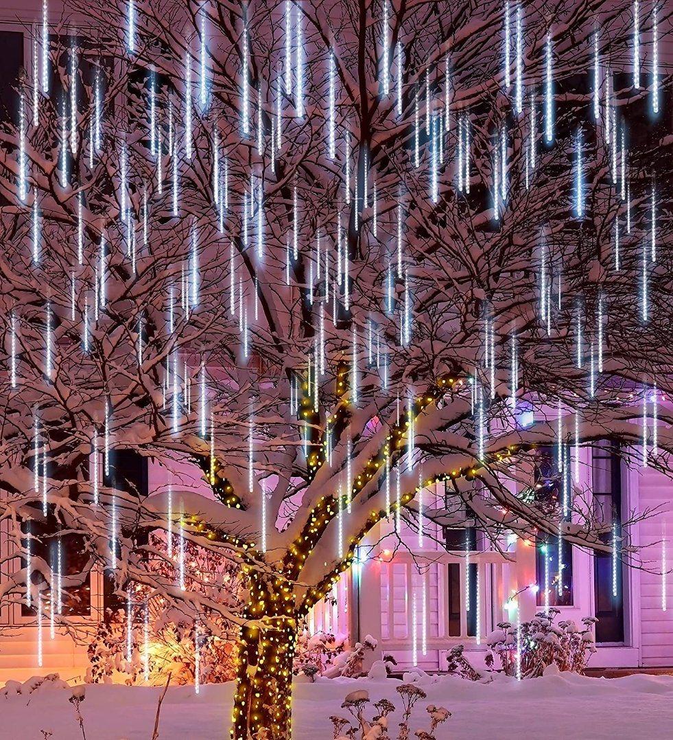 LED Outdoor Lights Tube Meteor Shower Rain Lights Solar Powered Icicle Raindrop Snow Falling Lights Cascading Lighting for Garden Outdoor Patio Holiday Party