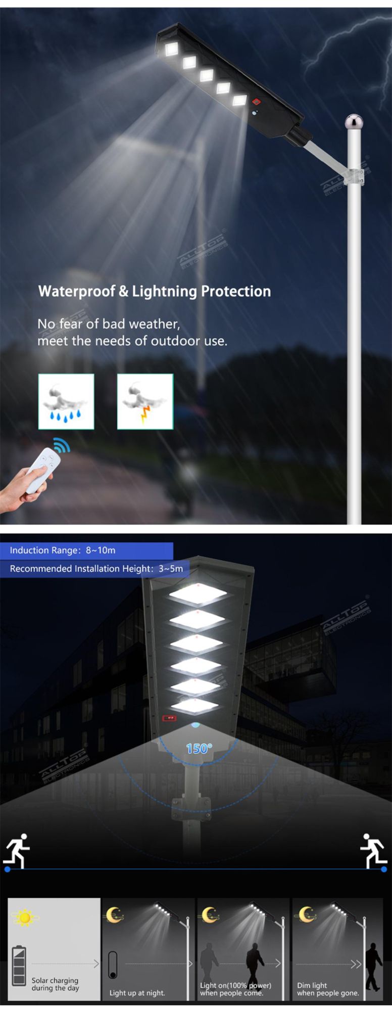 Alltop All in One SMD 50 100 150 200 250 300 Watt IP65 Waterproof Garden Road Outdoor LED Solar Street Lights