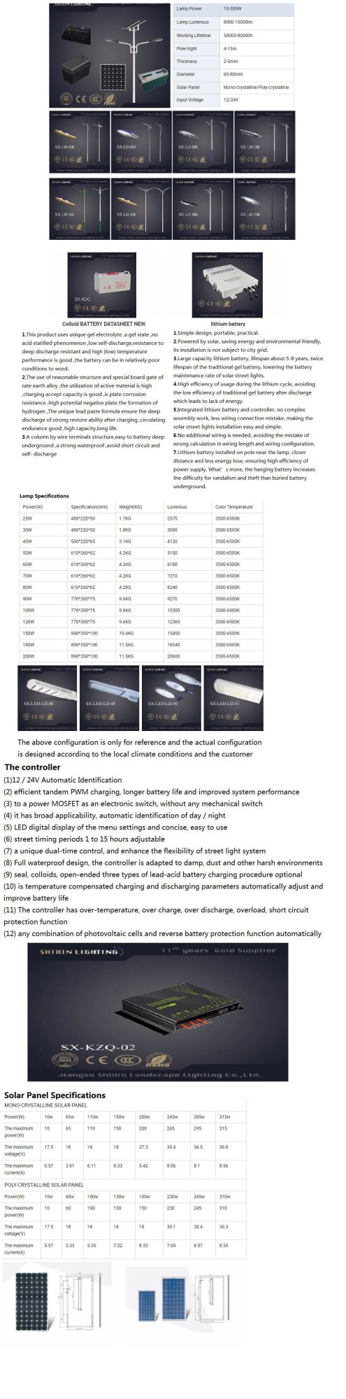 IP65 Outdoor Garden Energy Saving LED Sensor Solar Street /Road Lamp with Panel Sensor and Gel/Lithium Battery