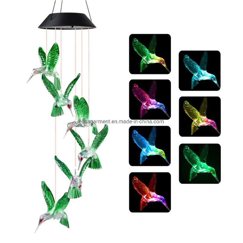 LED Solar Light Hummingbird Wind Chime Changing Color Waterproof Six Hummingbird Wind Chimes for Home Party Outdoor Night Garden Decoration