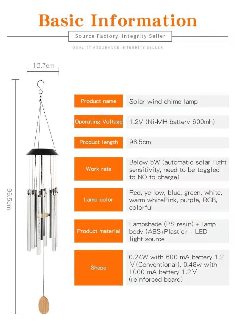 LED Solar Light Tubulose Wind Chime Changing Color Waterproof for Home Party Outdoor Night Garden Bar Decoration