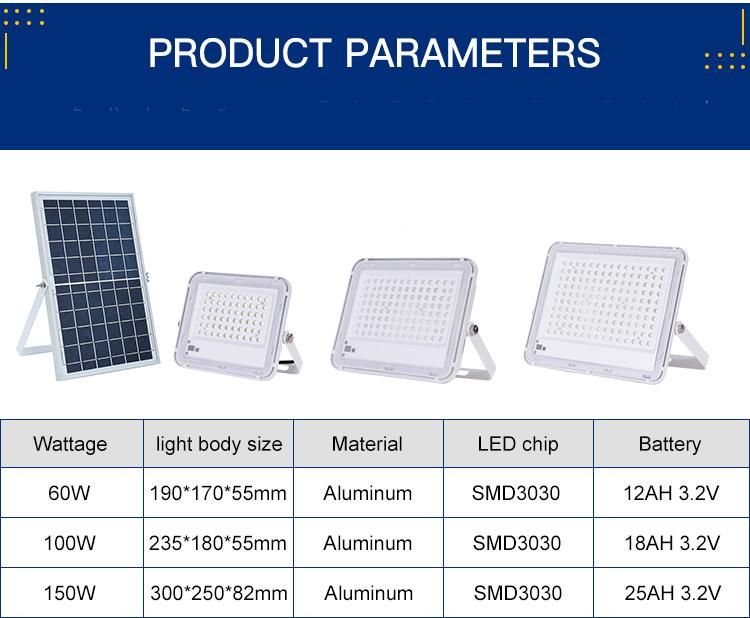 High Quality Dooryard IP65 Lamp 30W 60W 100W 150W Solar LED Flood Light