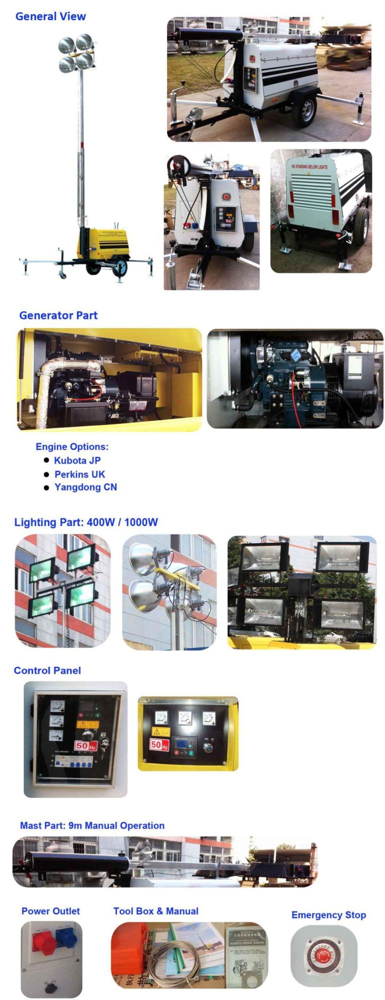 4*1000W 9m High Mast Portable Light Tower with Kubota Generator