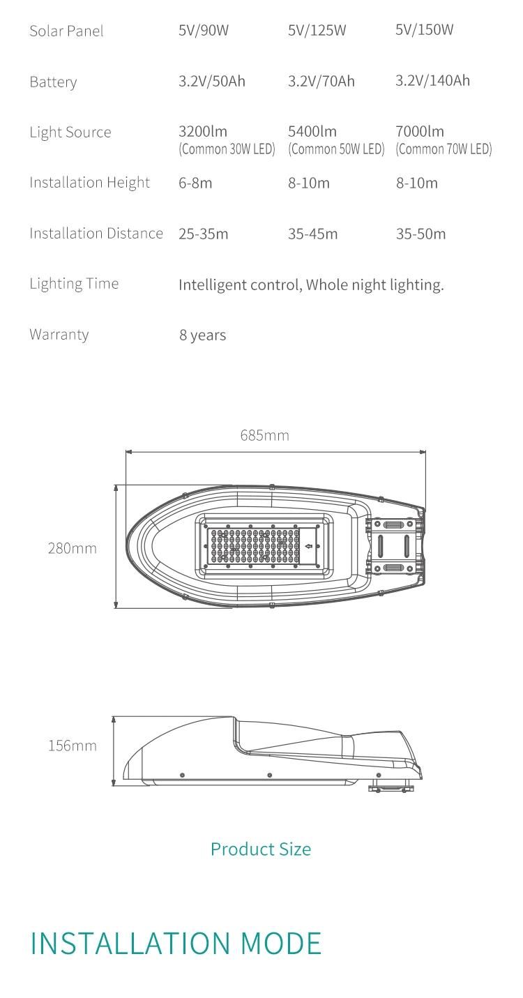 IP65 CE 70W LED Light with Integrated LiFePO4 Battery Solar Street Light