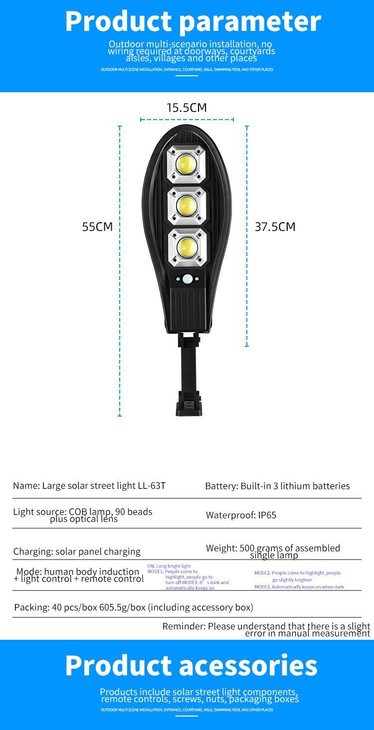 Super Bright Motion Sensor LED Solar Powered Light Remote Control LED Solar Street Light for Outdoor