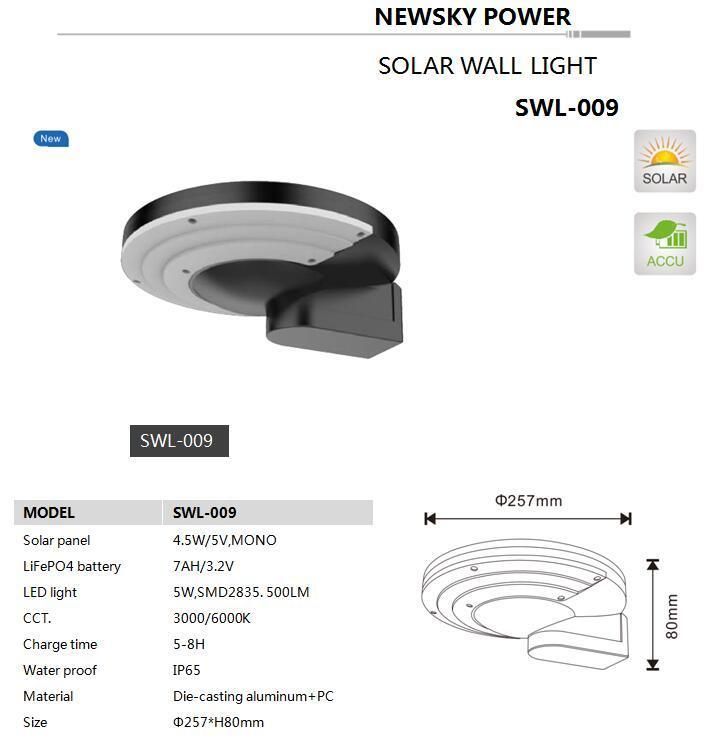 Garden Install 5W 3.7V 500lm Waterproof Outdoor Solar Power Wall Light