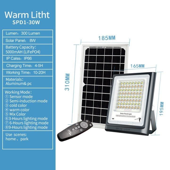 Rd Warm Solar Flood Light with IP66 Waterproof 30W