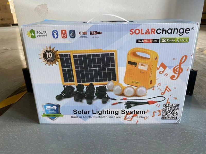 Affordable 10W Solar Home Lighting System with FM Radio, 4PC LED Bulbs and USB Mobile Phone Connectors