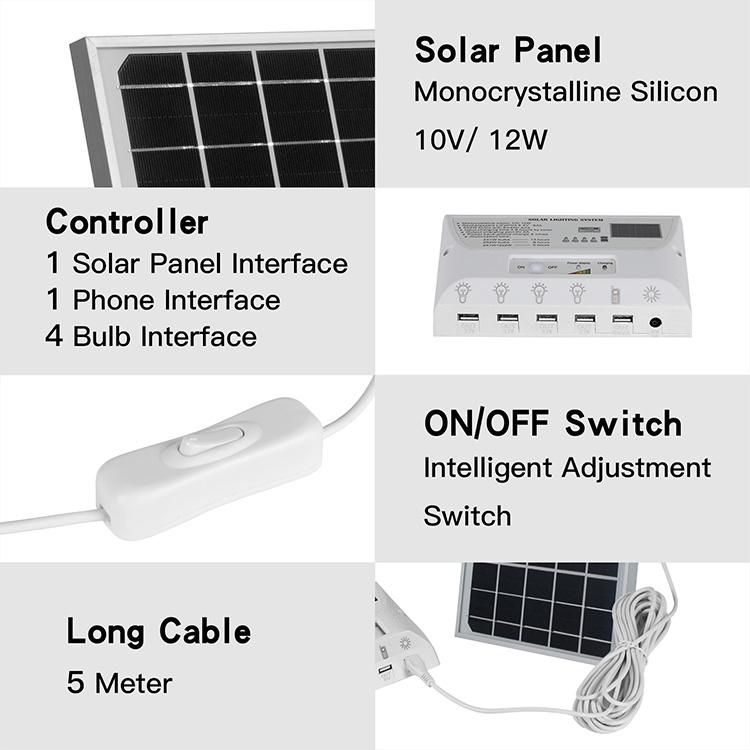 Portable Solar Energy Home Power Solar System for Home Lighting and Phone Charging 12W Solar Panel 4 LED Bulbs 2021