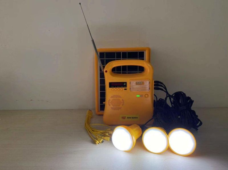 Portable 5W Mini Solar Generator with 3PC LED Bulbs/FM Radio/Torch Light for Children Study