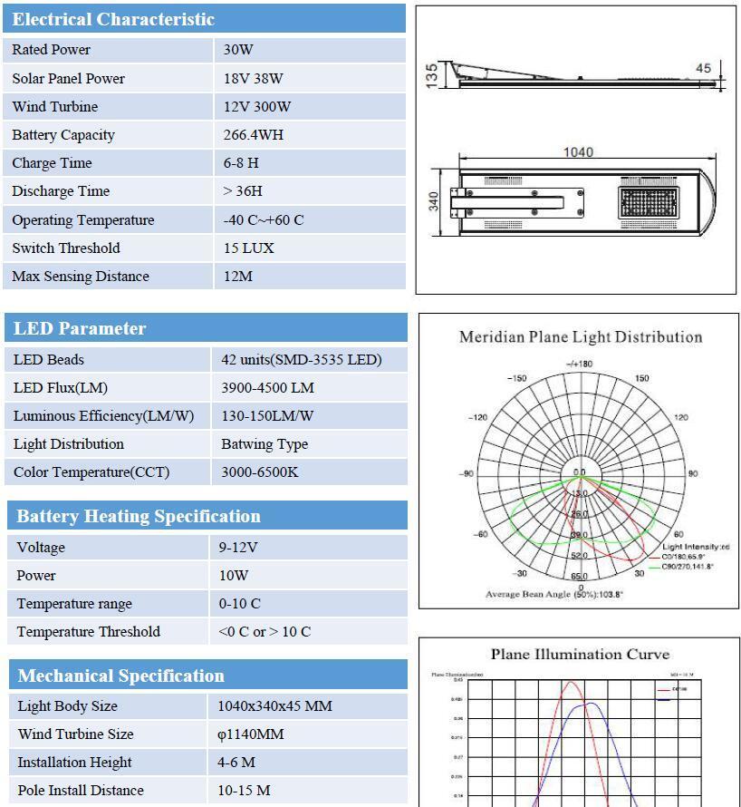 30W Hybrid Wind and Solar Powered LED Street Light (SNH-030)