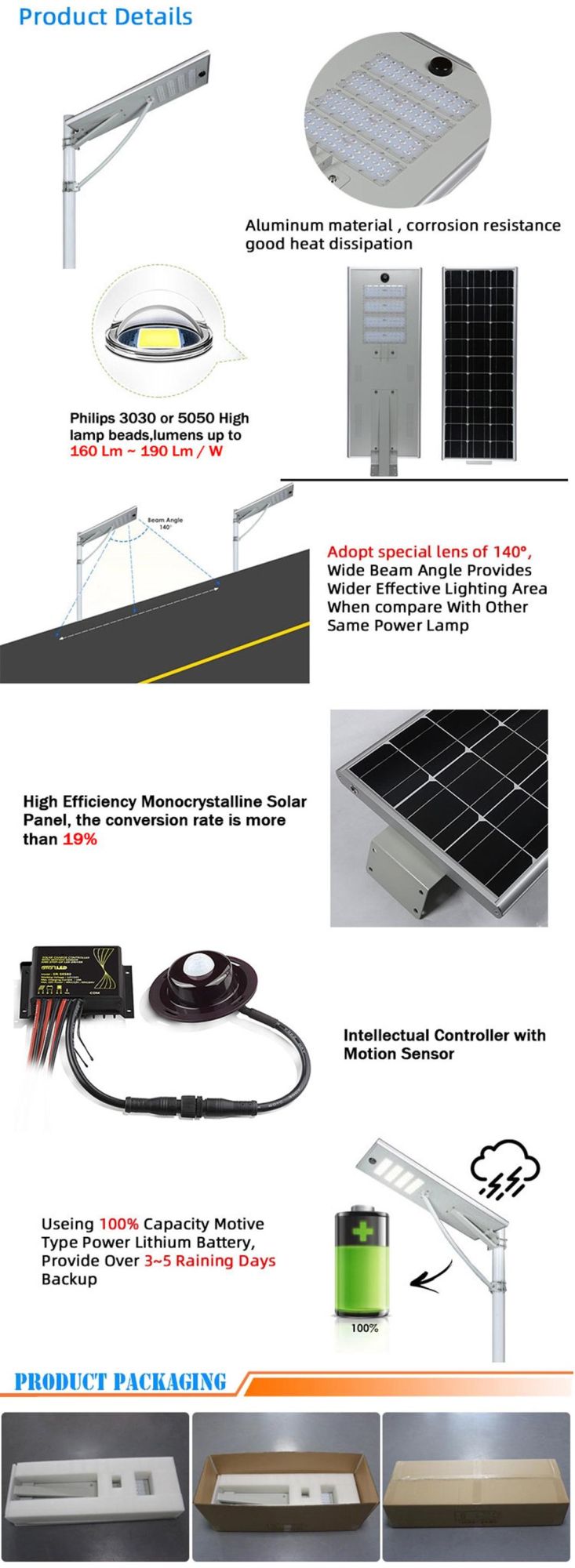 All in One 20W 30W 40W 50W 60W 80W 100W 120W Integrated Solar Street Light